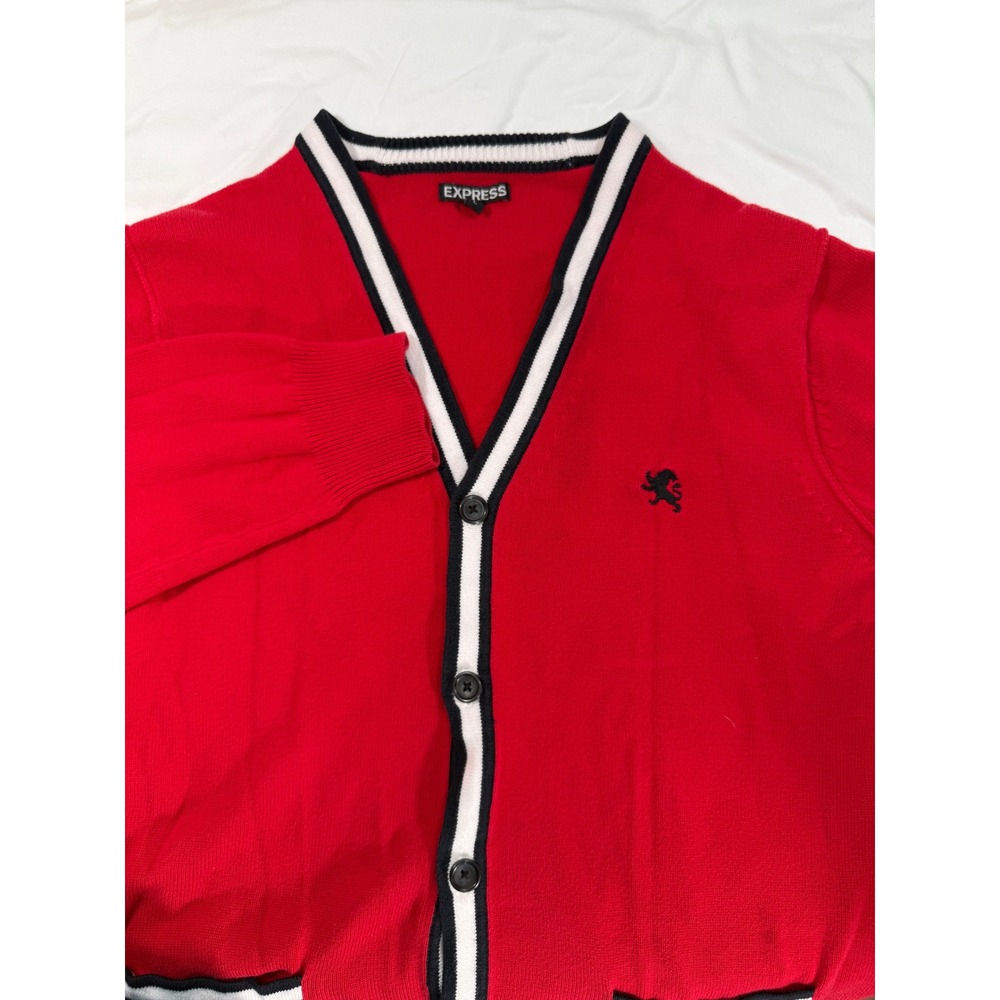 Express Preppy Cardigan Mens L Red Button-Down Contrast Trim Lion Logo Academia